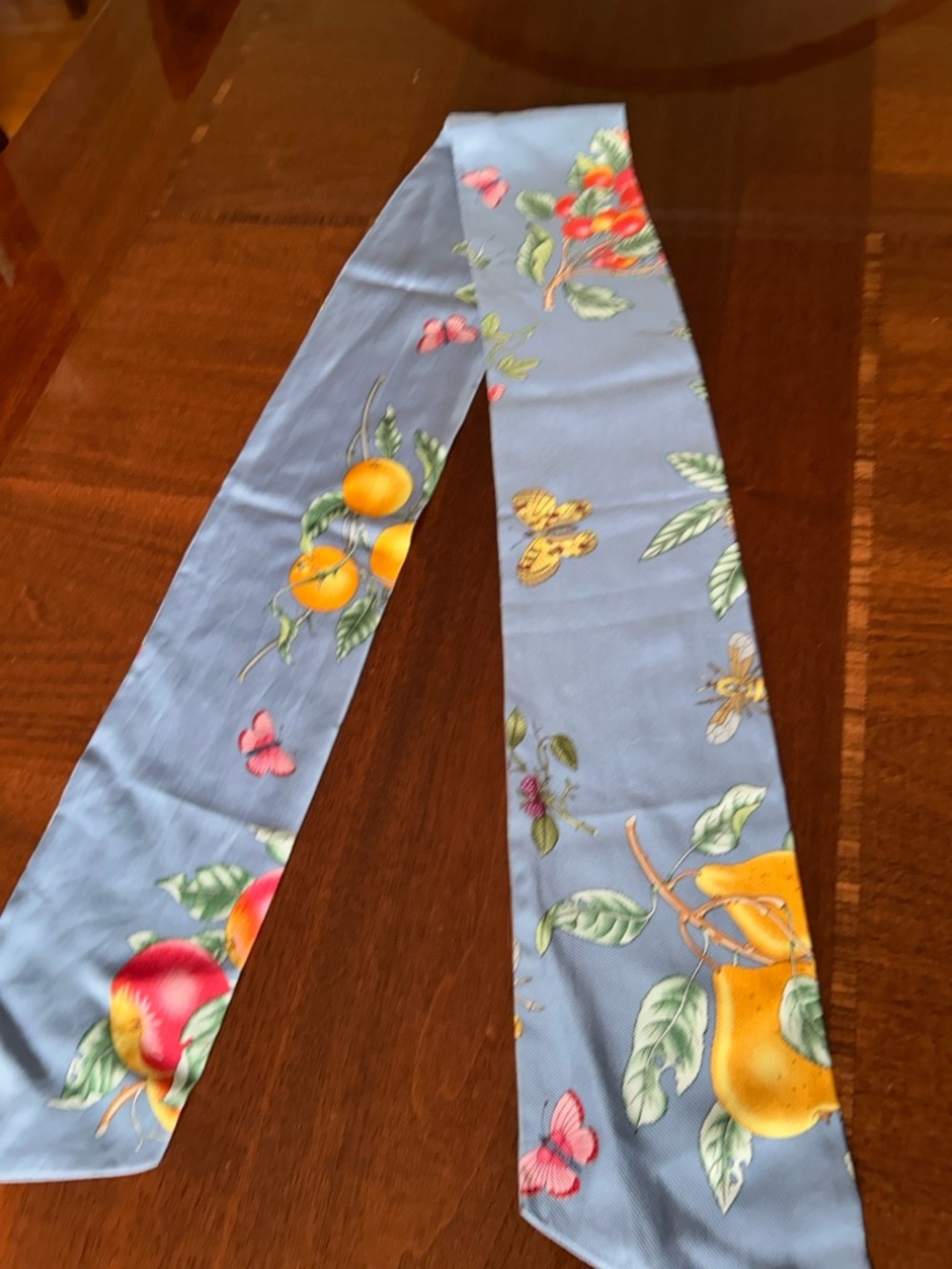 Blue Fruit & Butterfly Silk Scarf 5” x 60” by J McLaughlin - Picture 4 of 9